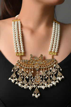 Pearl Beads Stone & Kundan Gold Pendant With Earrings