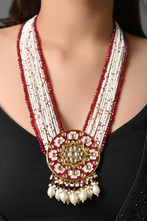 Designer Pearl Beads Stone Meenakari Pendant With Earrings