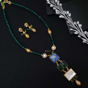Green Beads & Stone Fusion Pendant With Earrings