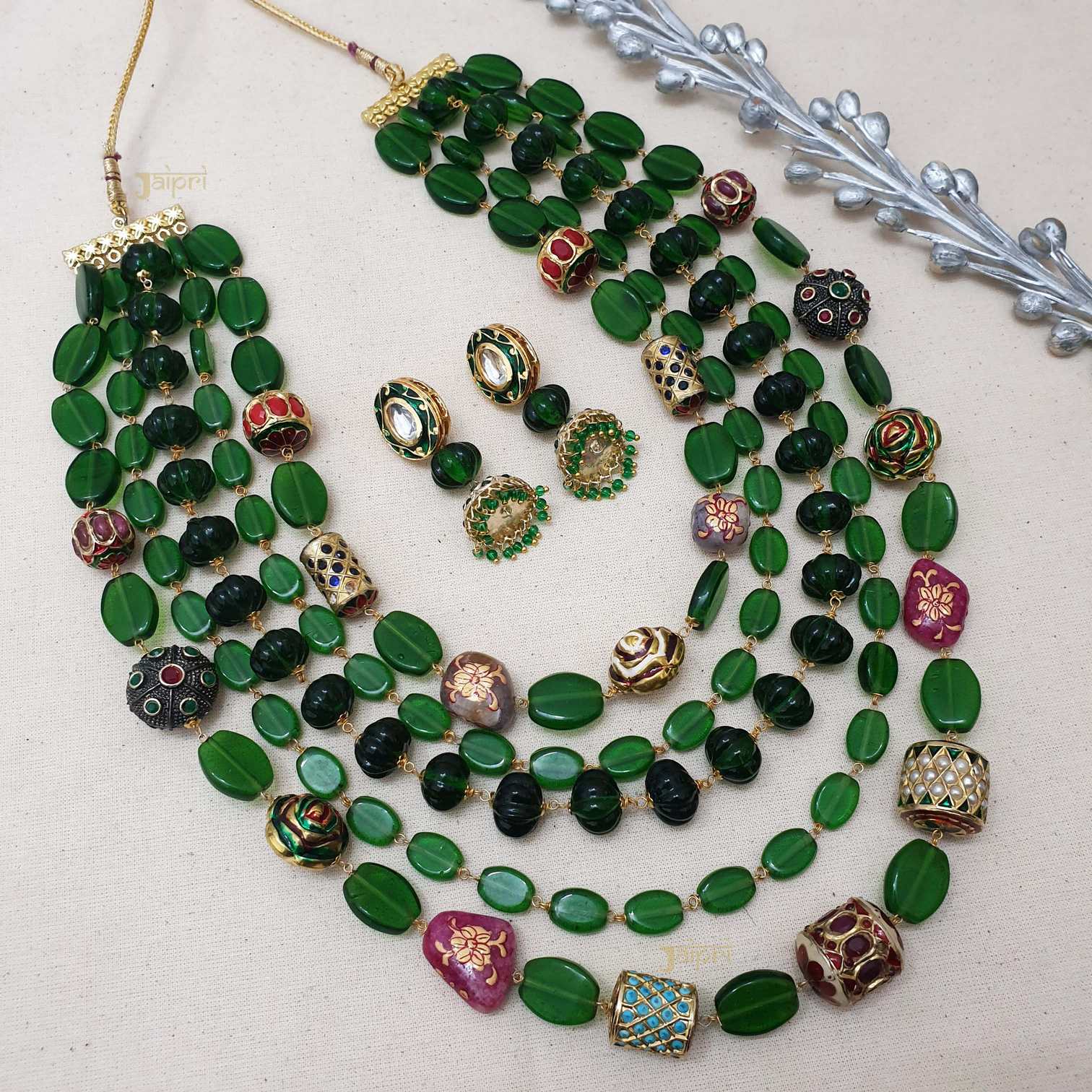 Multilayered Green Beads Stone Long Necklace With Earrings