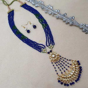 Floral Blue Beads Stone Kundan Pendant With Earrings