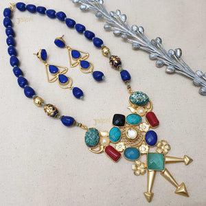 Unique Blue Stone Gold Fusion Pendant With Earrings