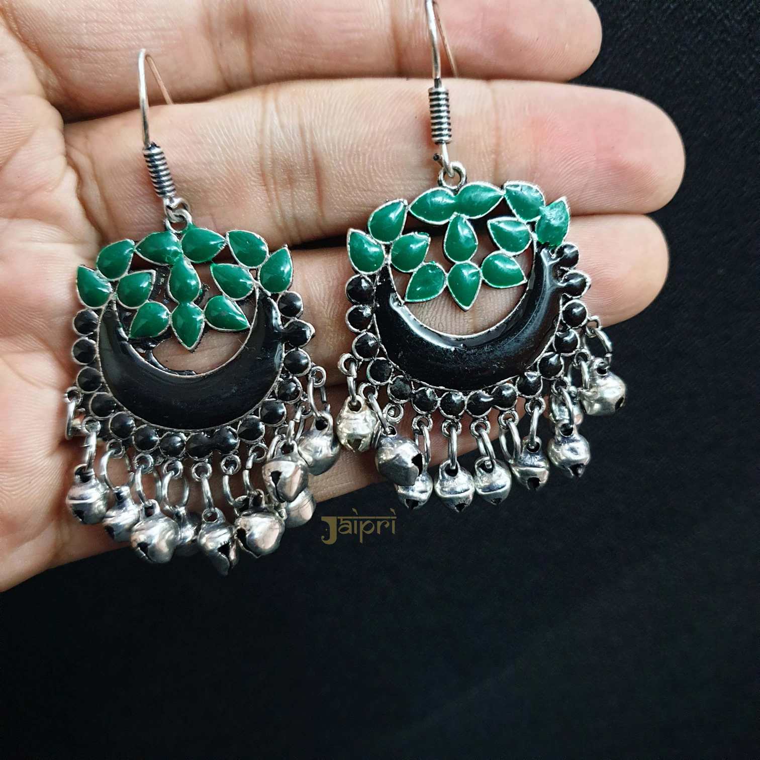 Green & Black Chandbali Hoops Earrings