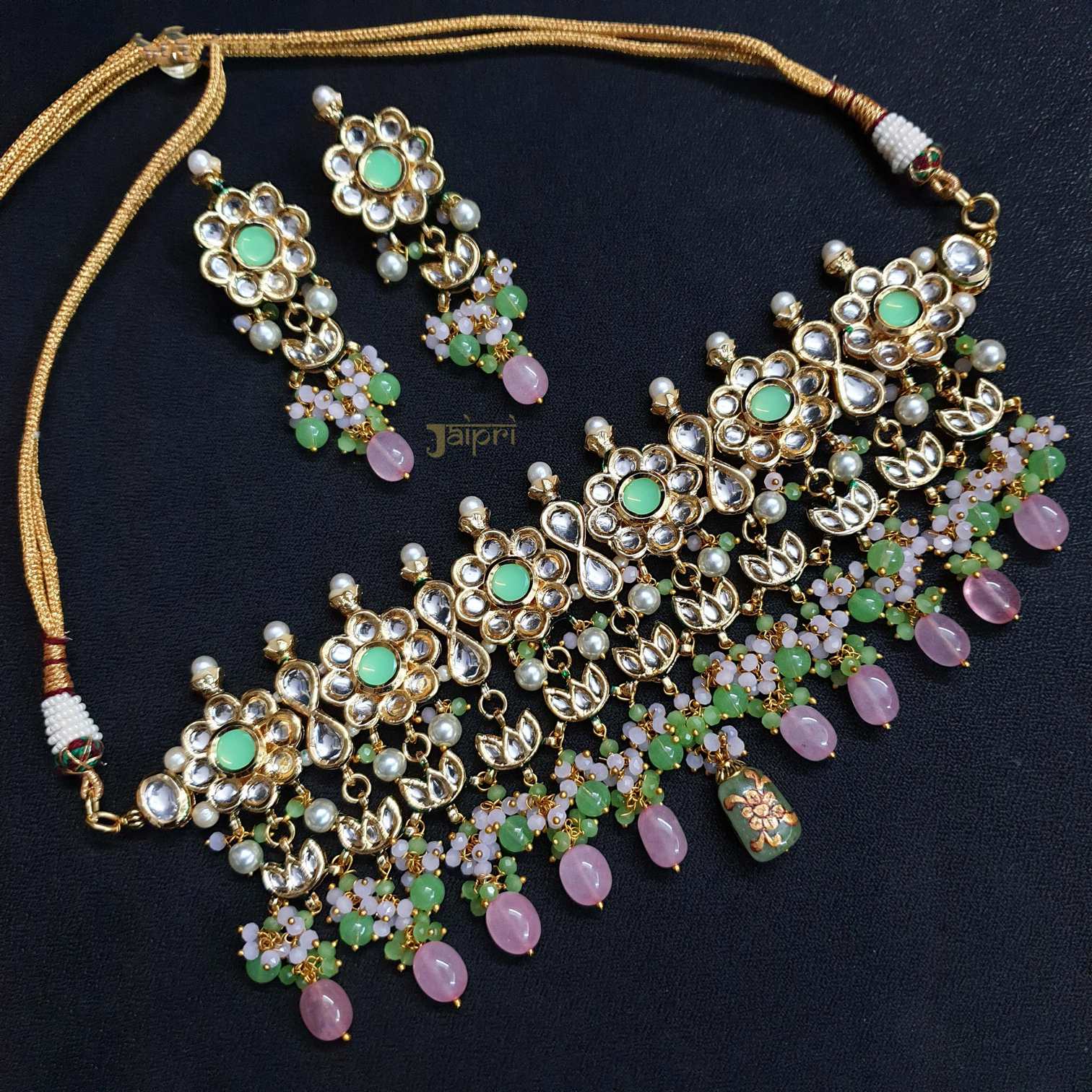 Green & White Kundan-Jadau Stone Choker With Earrings