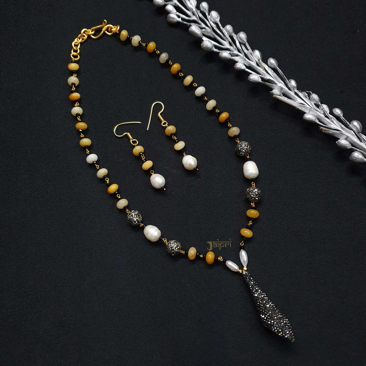 Pearl & Yellow Beads Stone Adorable Necklace With Earrings
