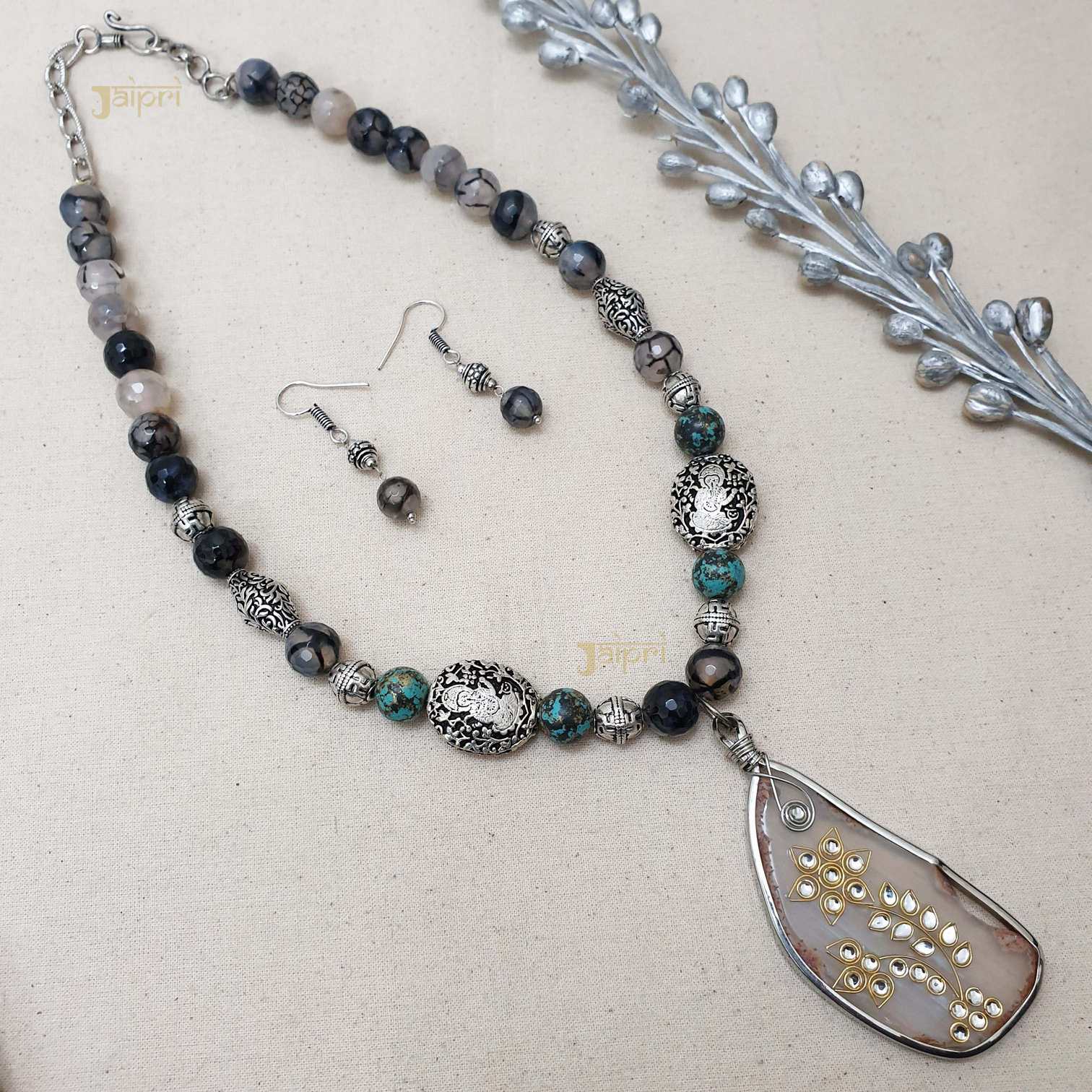 Unique Multicolor Beads Stone Uneven Fusion Pendant With Earrings