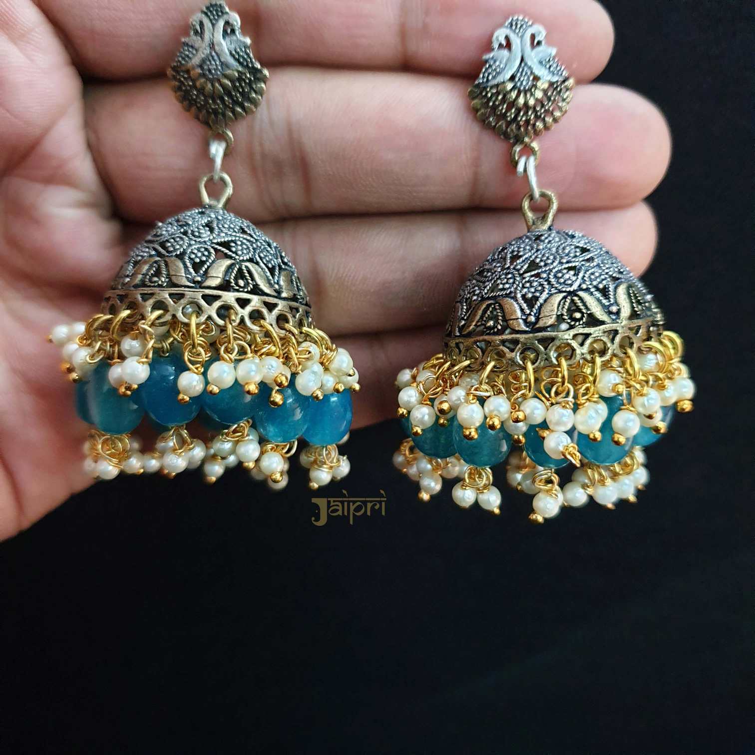 Oxidized Peacock Design & Sky-Blue Stone Stud Jhumki