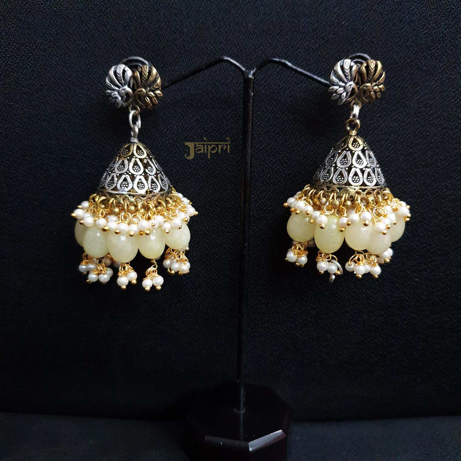 Oxidized Peacock Design & Yellow Stone Stud Jhumki