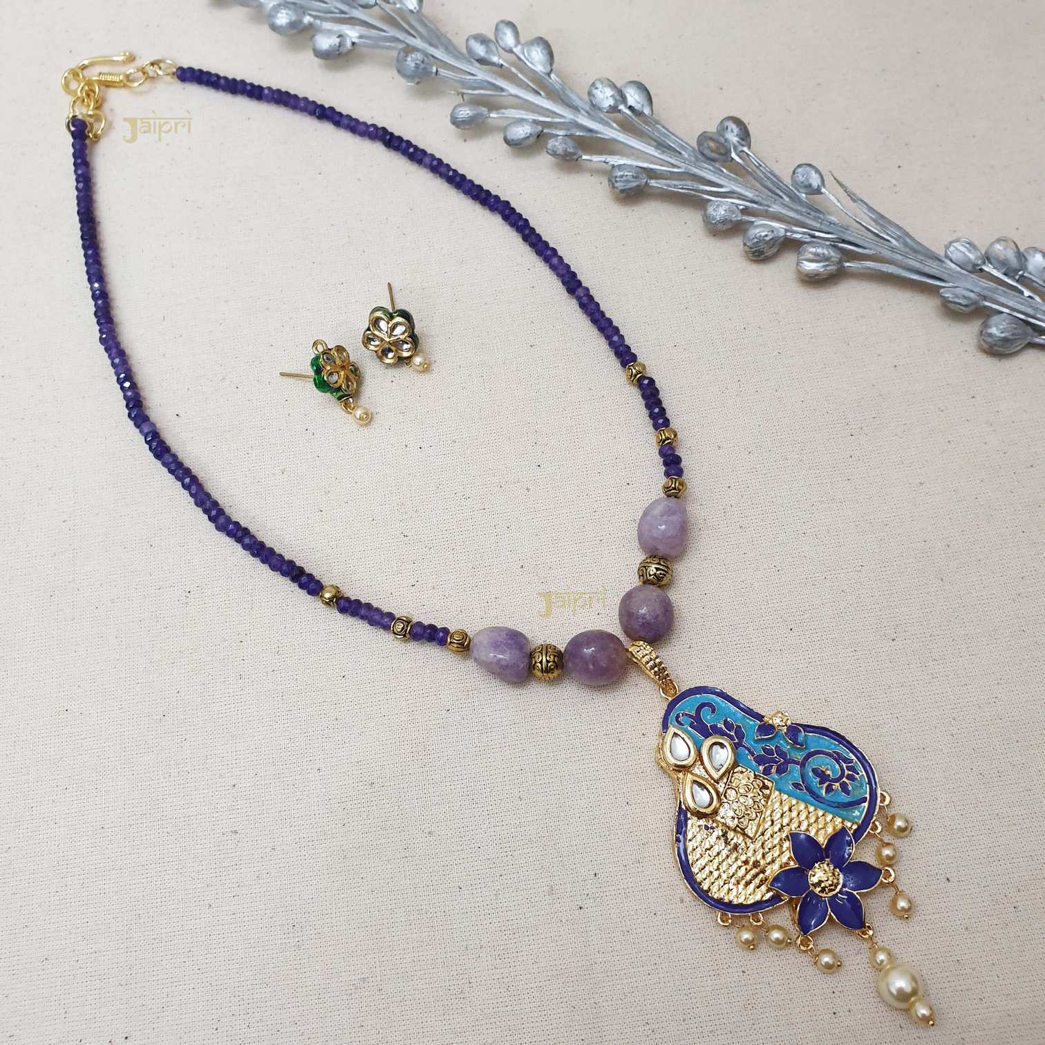 Blue Beads Stone Floral Pendant With Earrings