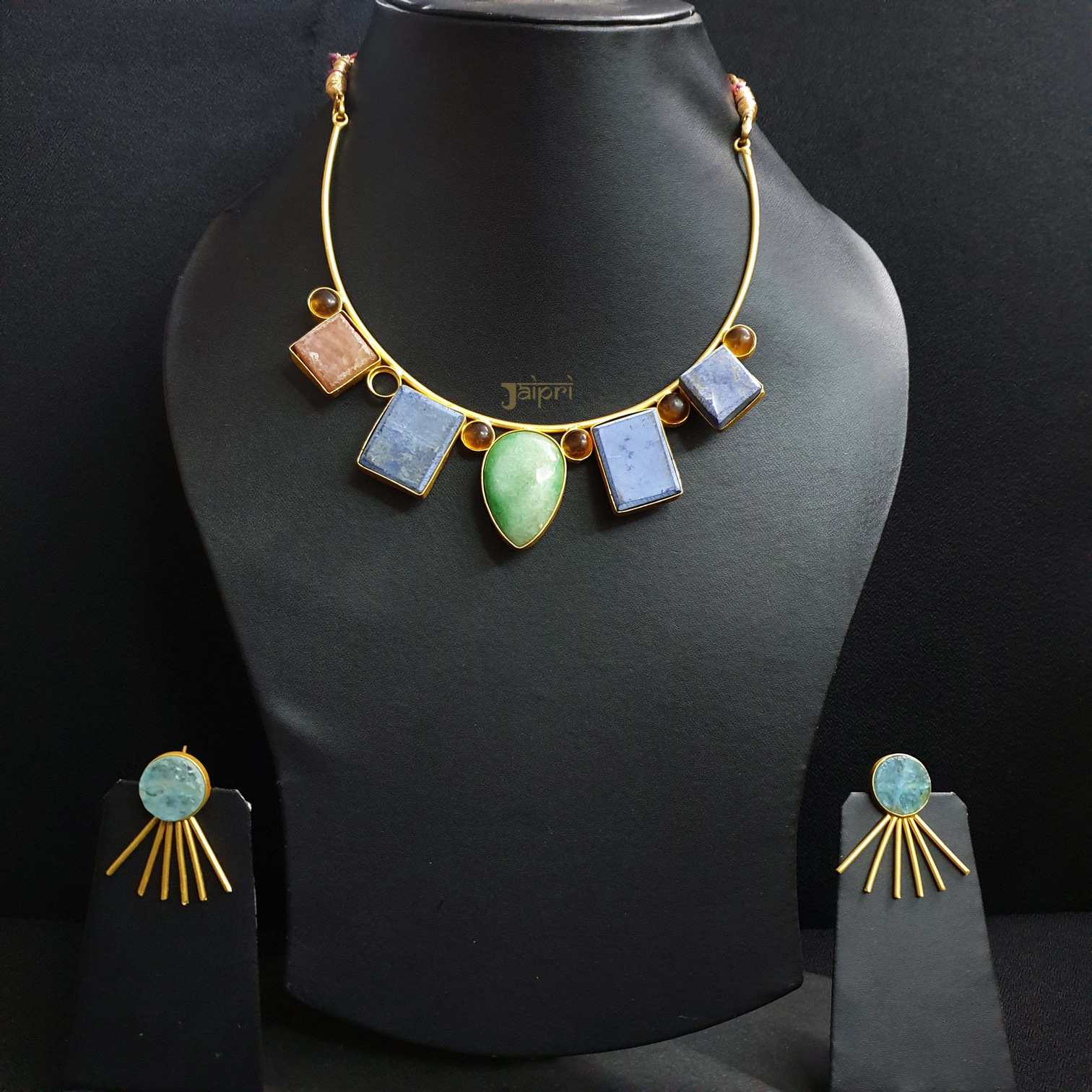 Multicolor Natural Stone Gold Choker Necklace With Earrings