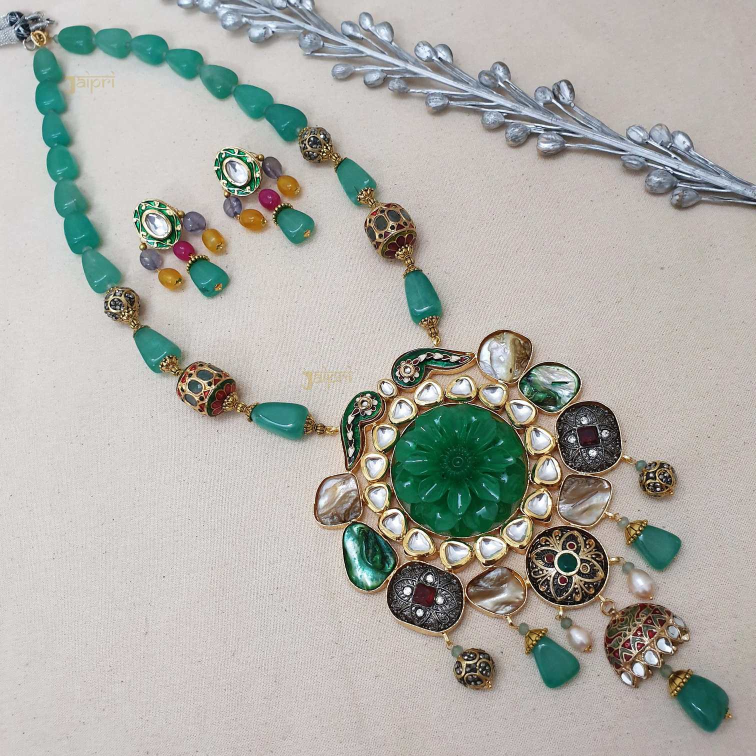 Floral Green Stone Fusion Meenakari Pendant With Earrings