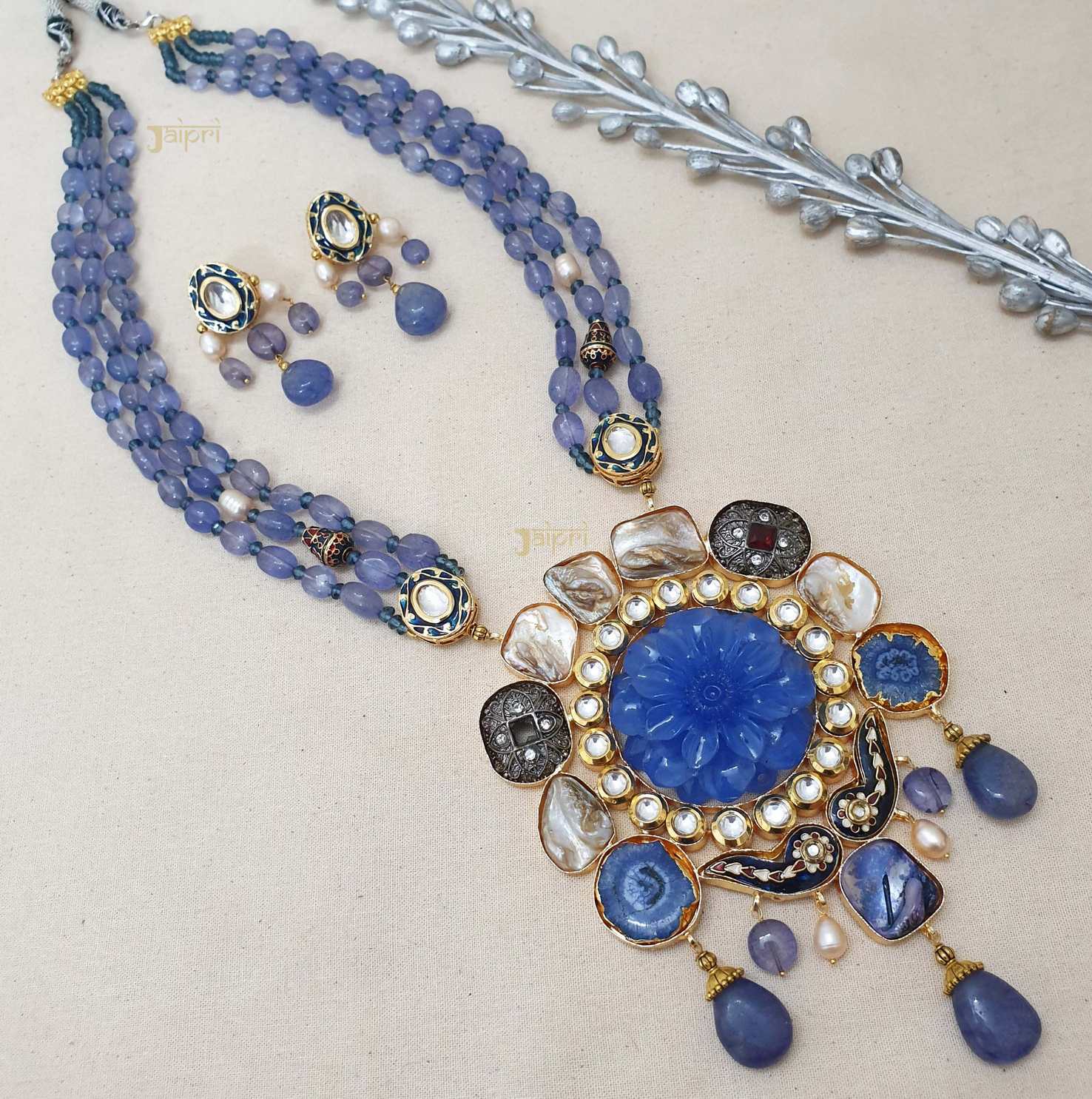 Floral Blue Beads Stone Fusion Statement Pendant With Earrings