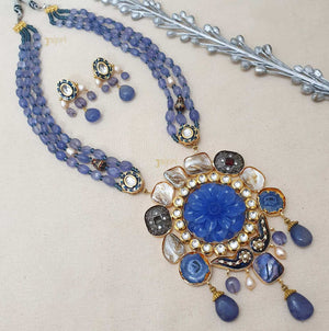 Floral Blue Beads Stone Fusion Statement Pendant With Earrings