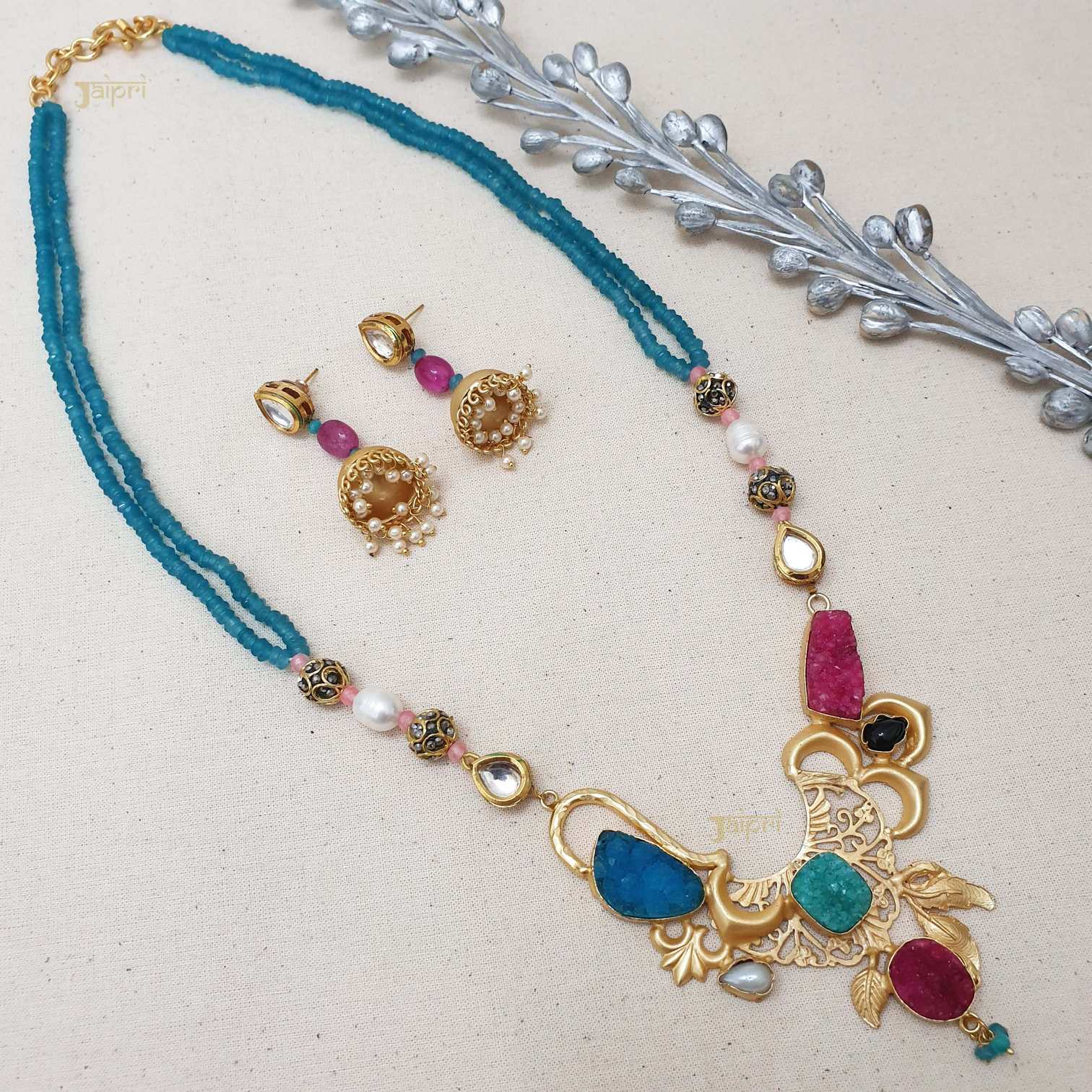 Unique Multicolor Stone Fusion Pendant With Jhumki Earrings