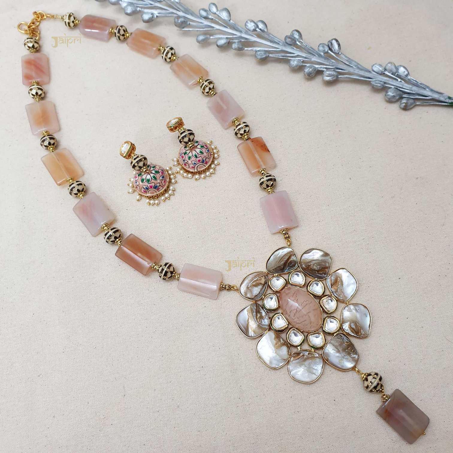 Floral Fusion Mother of Pearl Stone Pendant With Jhumki Earrings