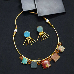 Designer Multicolor Gold Choker Necklace With Earrings