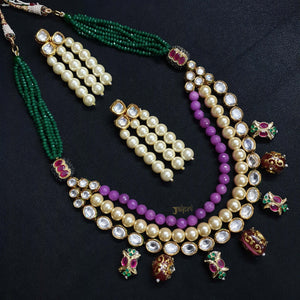 Purple And Pearl Beaded Kundan Necklace With Earrings