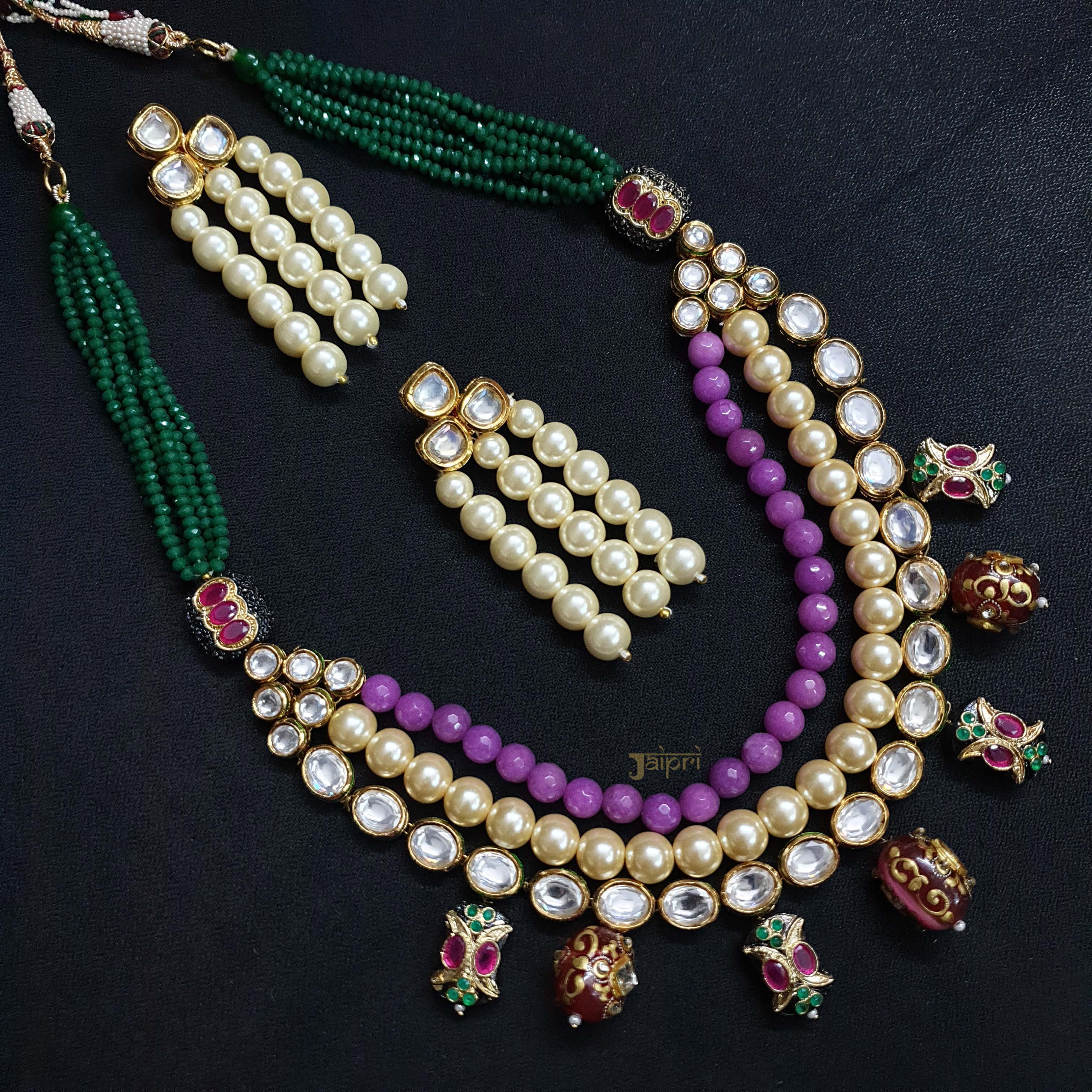 Purple And Pearl Beaded Kundan Necklace With Earrings
