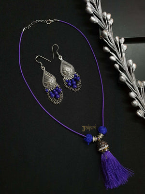 Blue Stone, Thread Necklace With Earrings