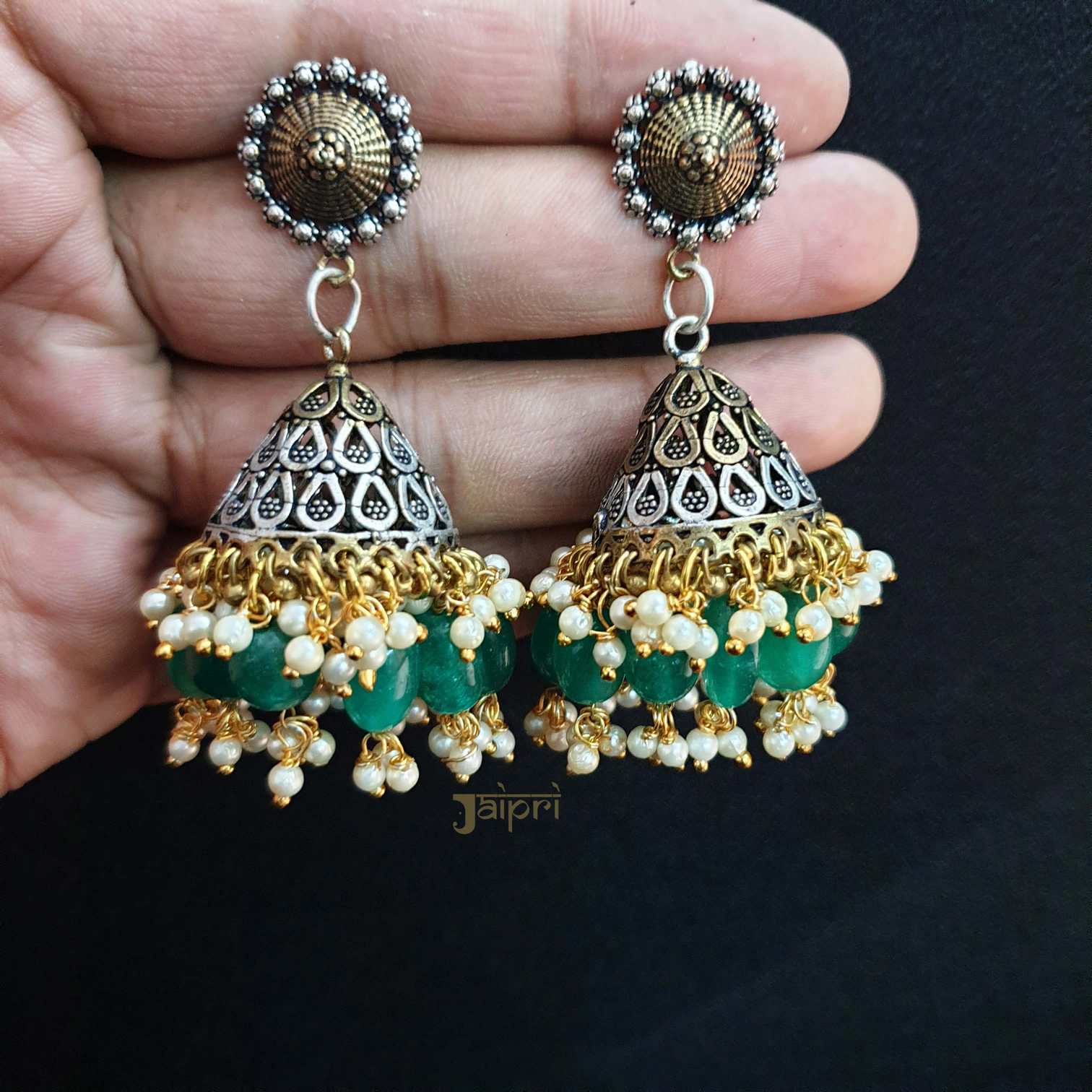 Floral Design & Green Stone Stud Jhumki