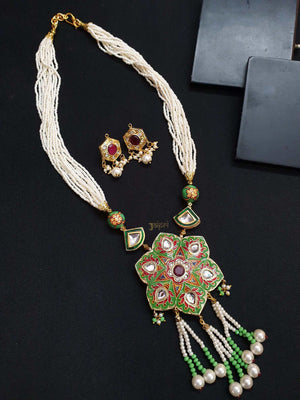 Pearl Stone Beads & Green Meenakari Gold Pendant With Earrings