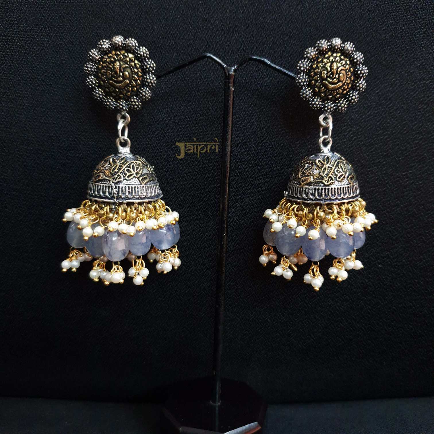Temple Design & Blue Grey Stone Stud Jhumki