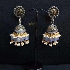 Temple Design & Blue Grey Stone Stud Jhumki