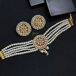 Floral White Kundan-Jadau Stone Choker With Earrings