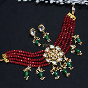 Floral Ruby Beads Stone Kundan-Jadau Designer Choker With Earrings