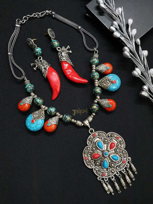 Antique Multicolor Stone, Oxidized Floral Necklace With Earrings