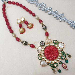 Floral Ruby Stone Fusion Meenakari Pendant With Earrings