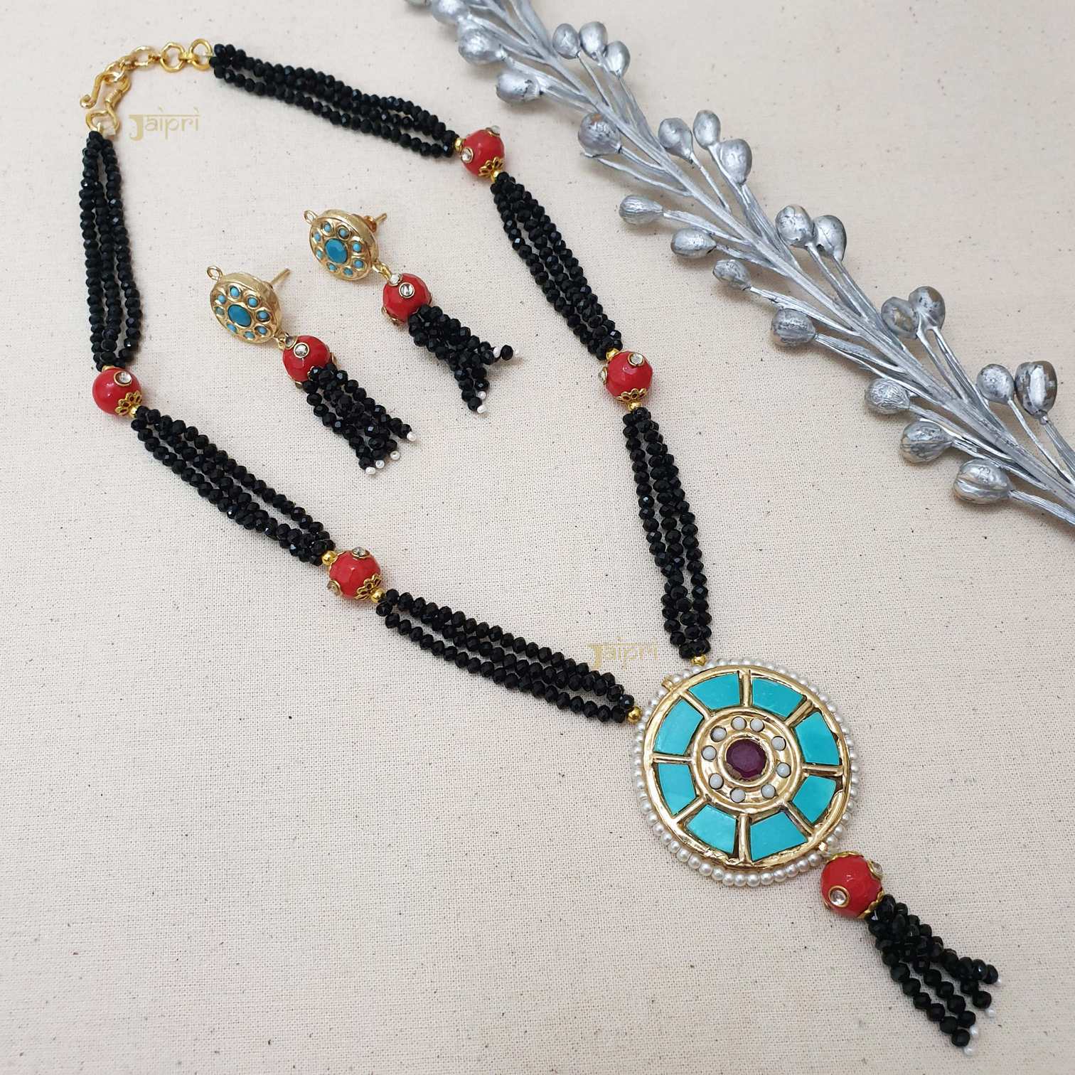 Turquoise & Black Stone Floral Fusion Pendant With Earrings