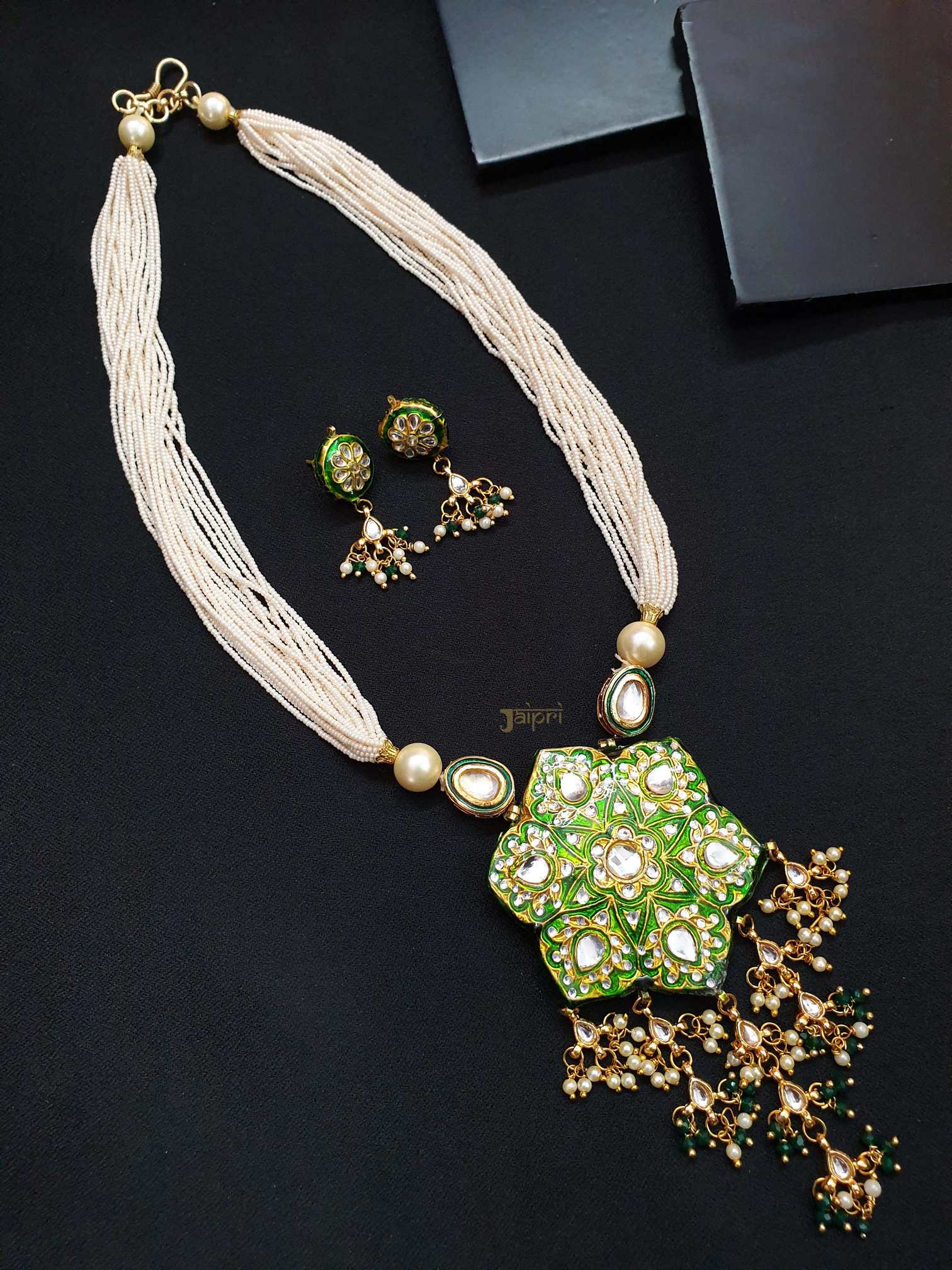 Pearl Stone & Green Meenakari Gold Pendant With Earrings