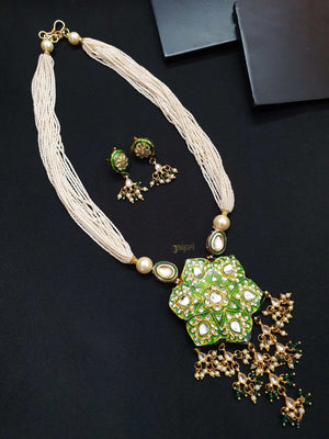 Pearl Stone & Green Meenakari Gold Pendant With Earrings