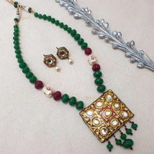 Green Beads Stone Meenakari Gold Design Pendant With Earrings