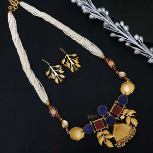 Designer Blue Stone Fusion Gold Pendant With Leaf Earrings