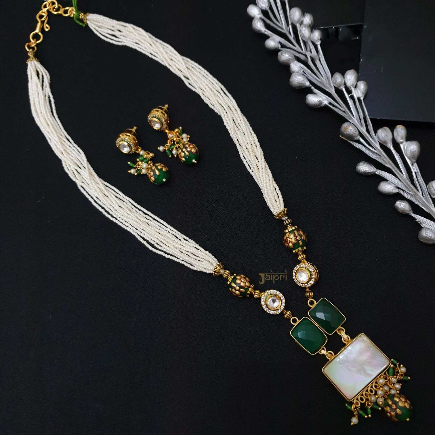 Pearl Beads & Green Stone Fusion Pendant With Earrings