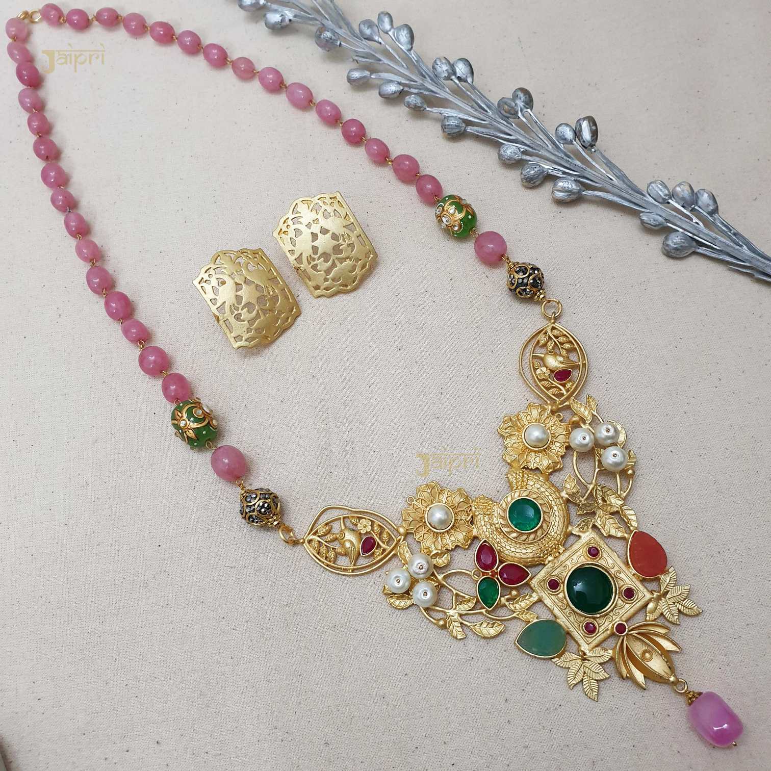 Rose Quartz Stone Gold Fusion Pendant With Earrings