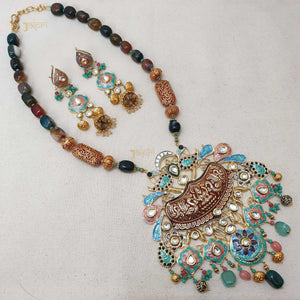 Bridal Fusion Multicolor Beads Stone Pendant With Earrings