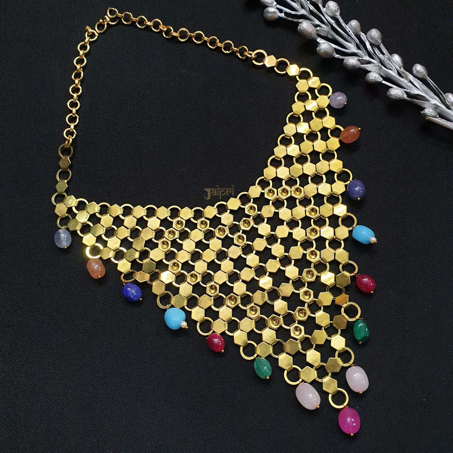 Designer Multicolor Beads Stone Gold Necklace