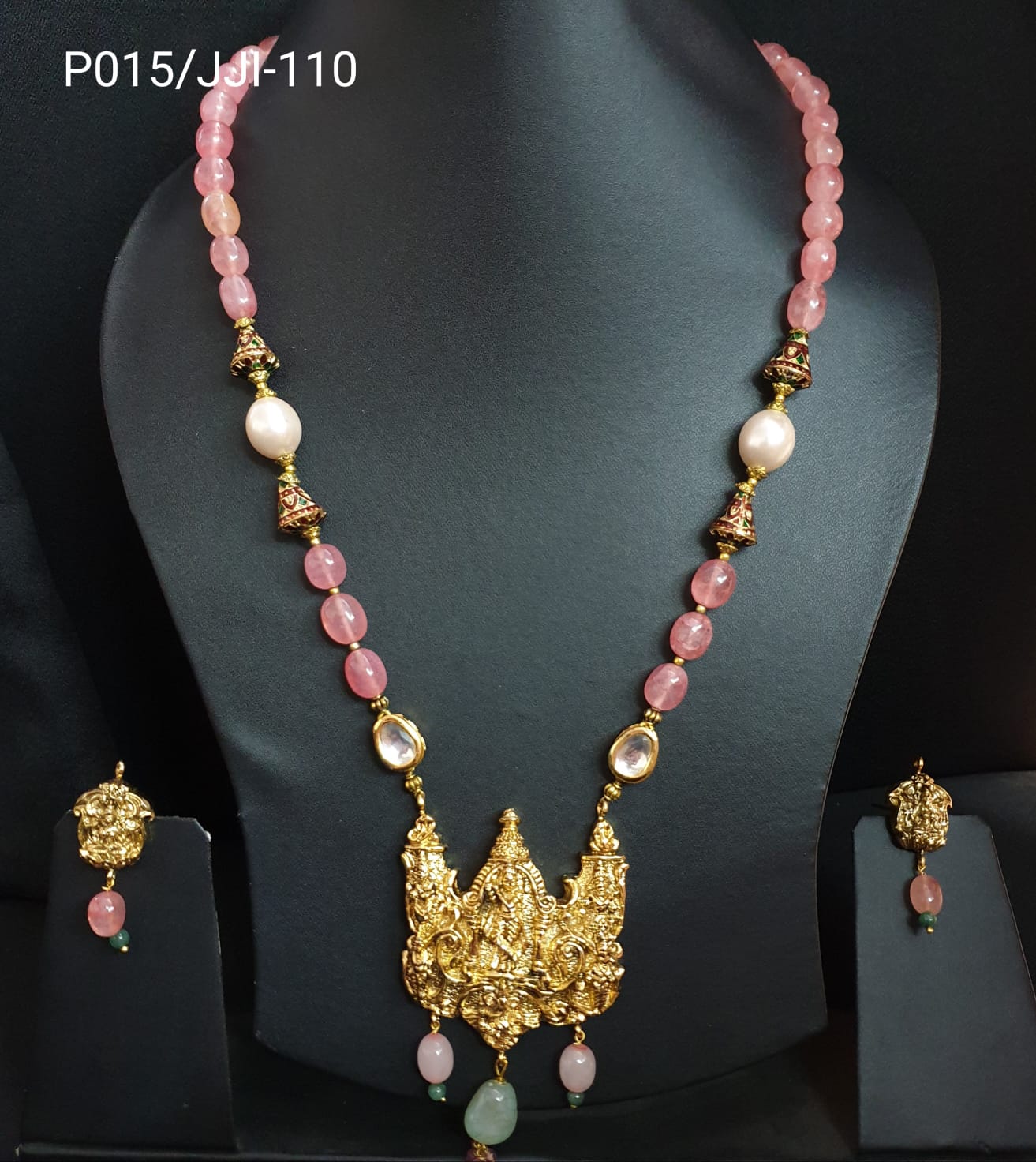 Gold Tone Temple South Pendant Set With Earrings