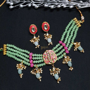 Green Floral Meenakari Adorable Choker With Earrings