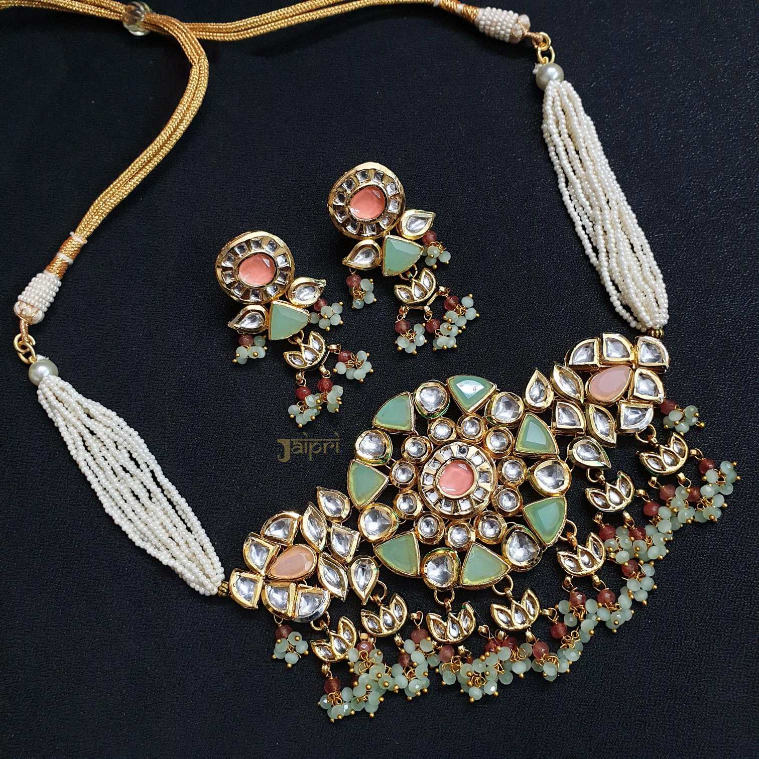 Floral Green Kundan-Jadau, Pearl Stone Choker With Earrings