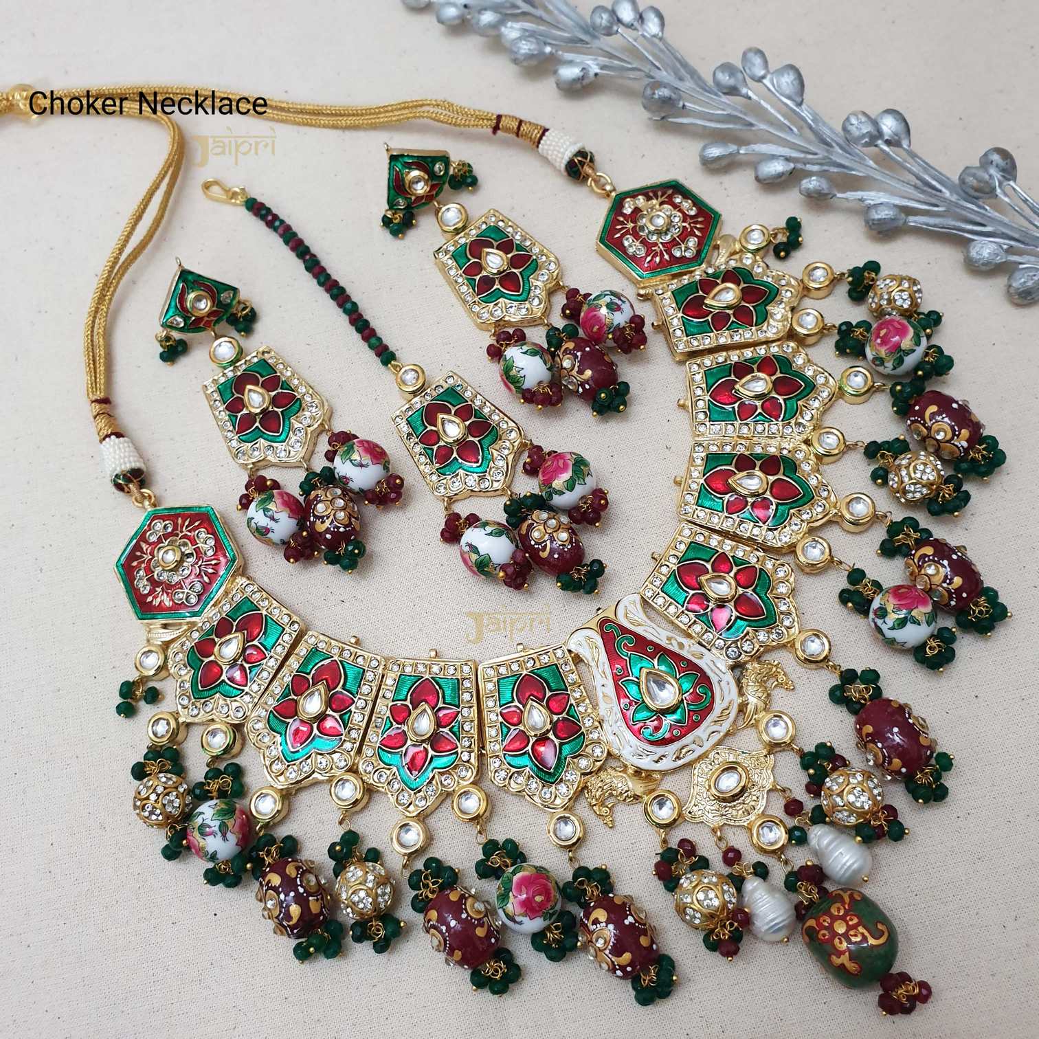 Red & Green Meenakari Statement Choker & Maang Tikka With Earrings