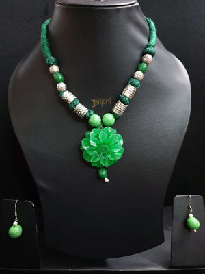 Floral Design, Green Stone Necklace With Earrings