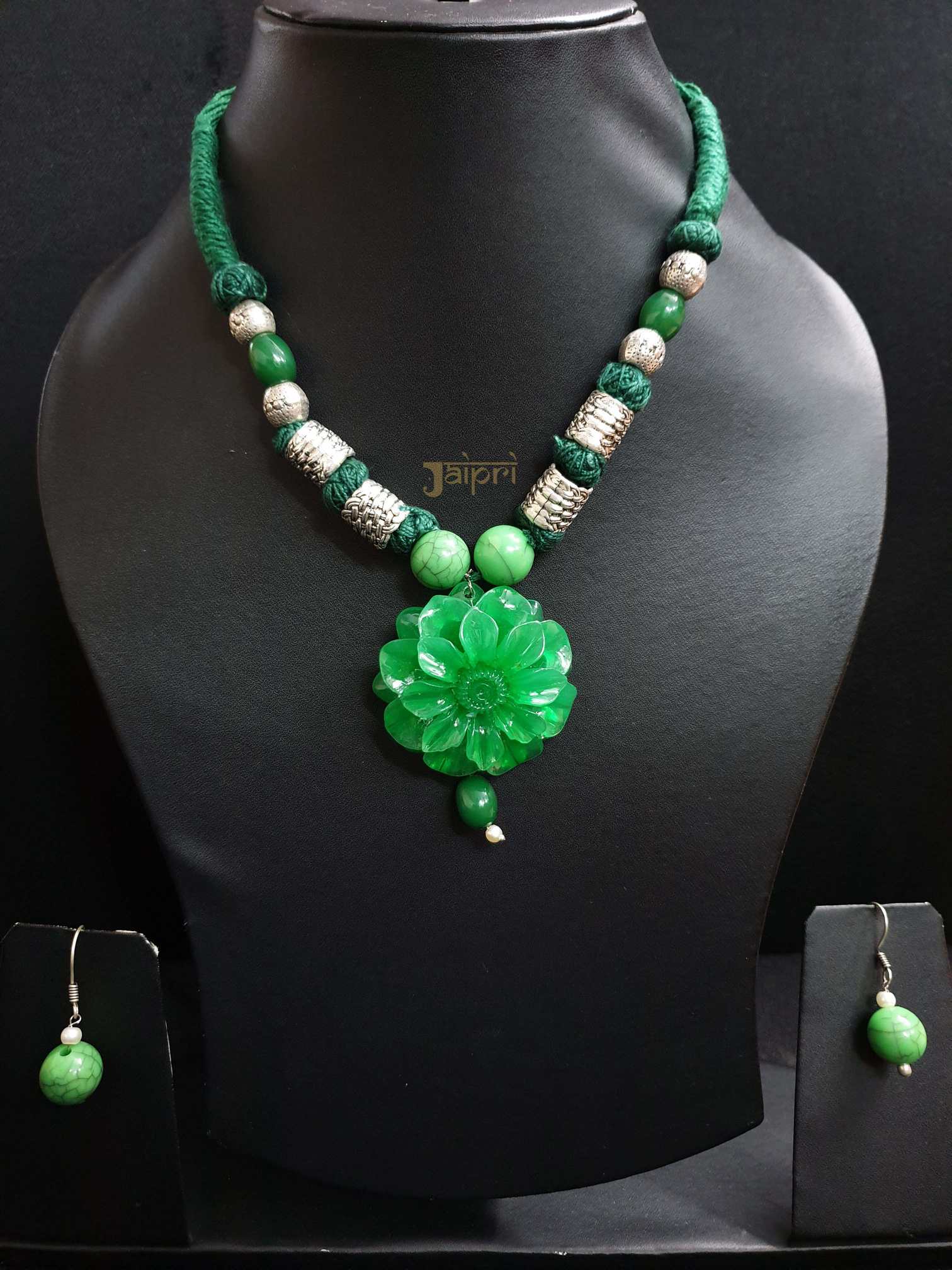 Floral Design, Green Stone Necklace With Earrings