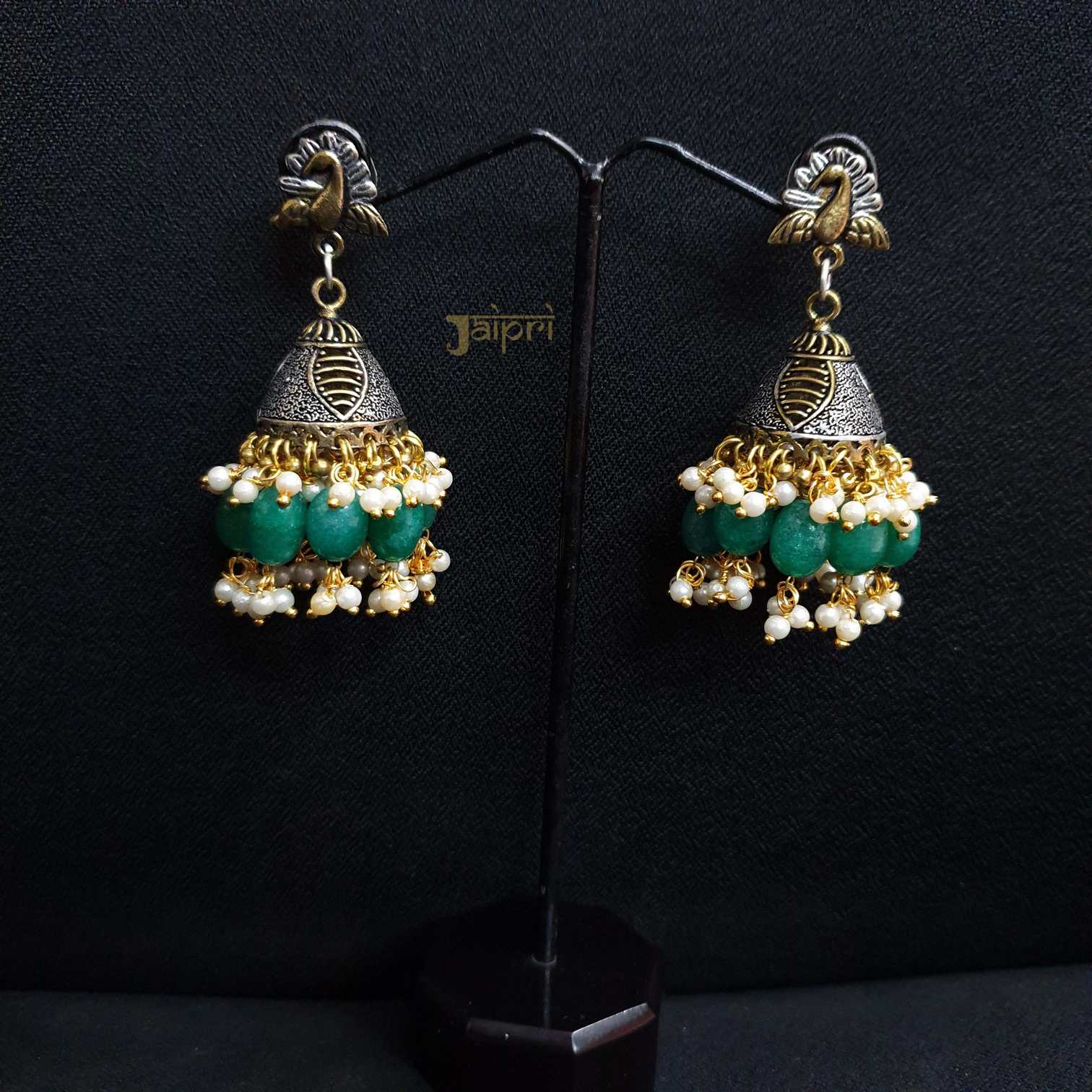 Oxidized Peacock Design & Green Stone Stud Jhumki