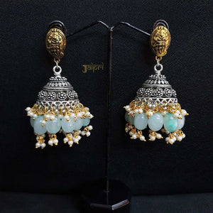 Temple Design & Turquoise Stone Stud Jhumki
