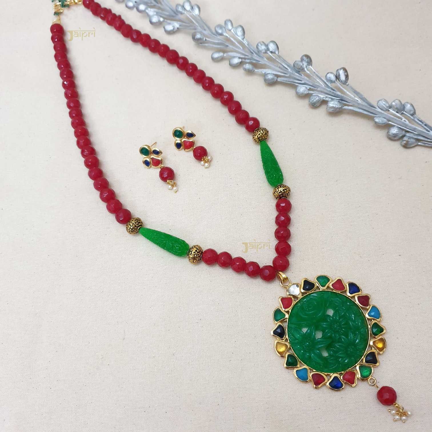 Green Floral & Red Beads Stone Pendant With Earrings