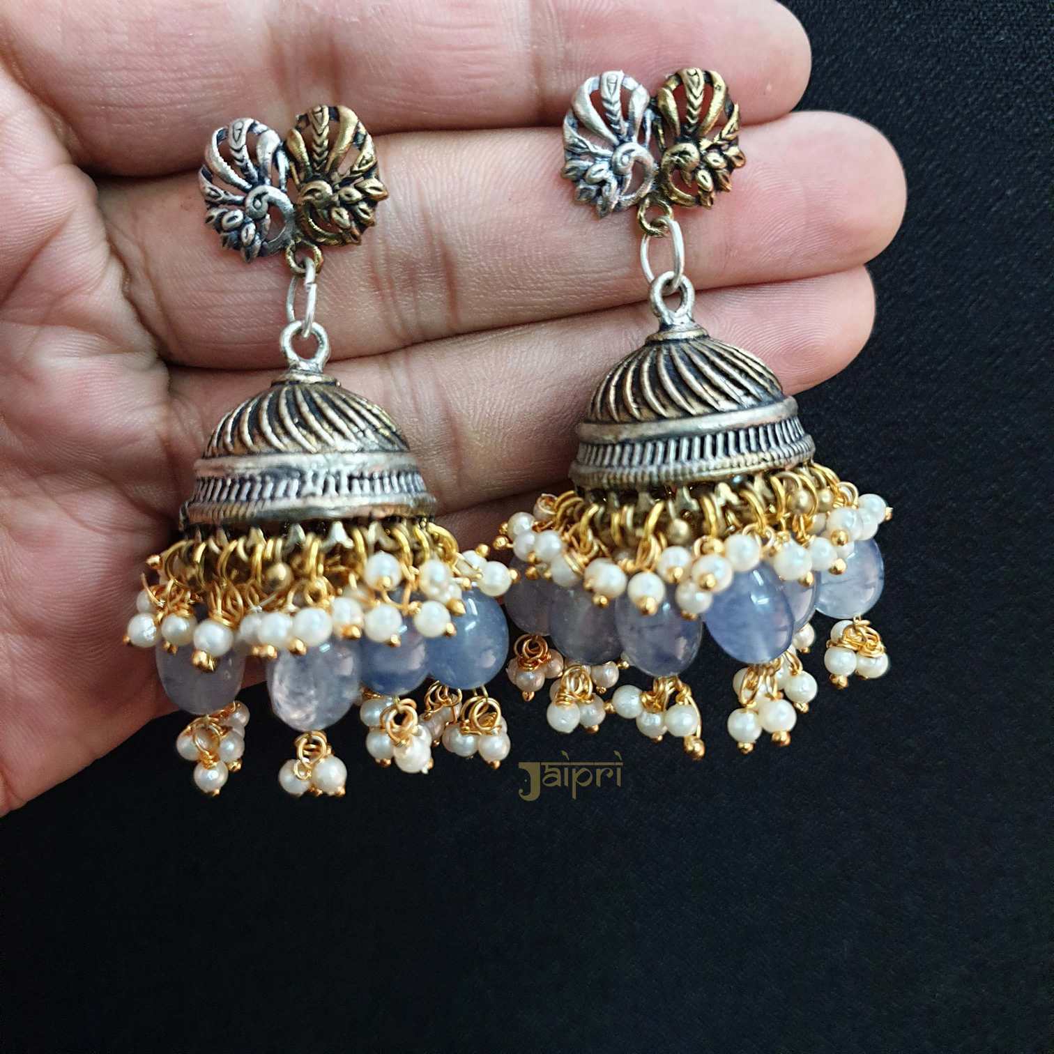 Oxidized Peacock Design & Blue Grey Stone Stud Jhumki